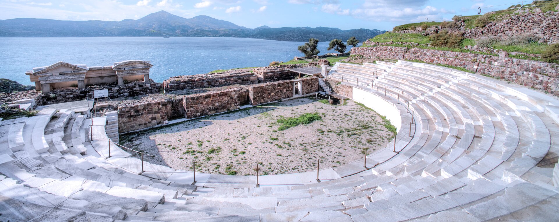 An ancient theatre in Milos with panoramic view to Aegean sea